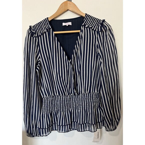 Parker Navy White Stripe V Neck Smocked Peplum Long Sleeve Blouse Size S - Picture 1 of 9
